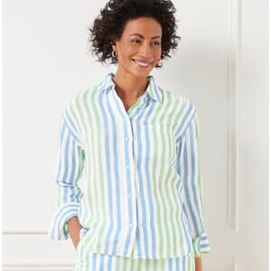 Talbots 100% Linen Playful Stripe Button Front Shirt L Coastal Preppy Resort